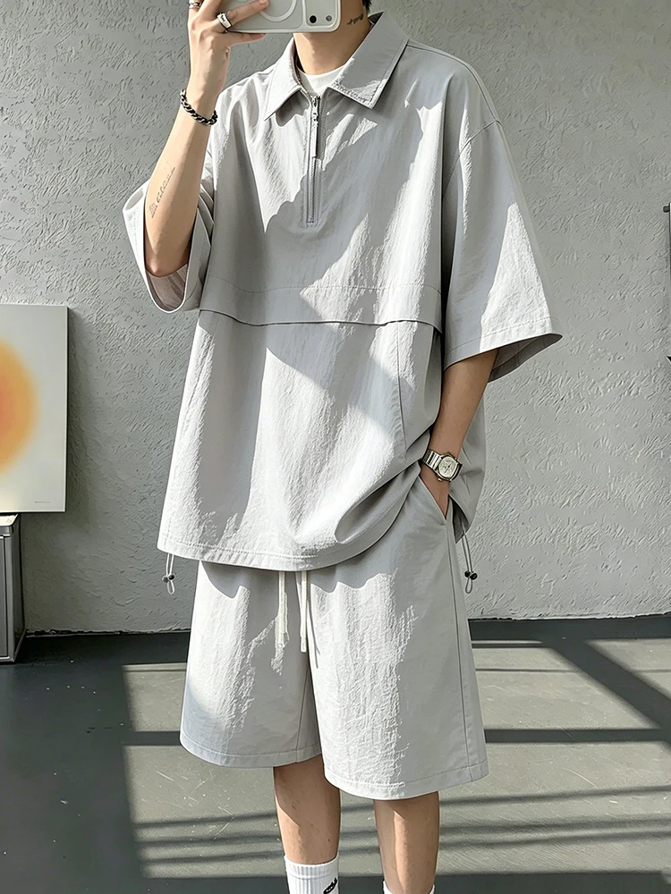 2026-new-summer-men's-outdoor-sports-set-half-zip-short-sleeve-t-shirt-pure-color-shorts-two-piece-set-casual-shirt