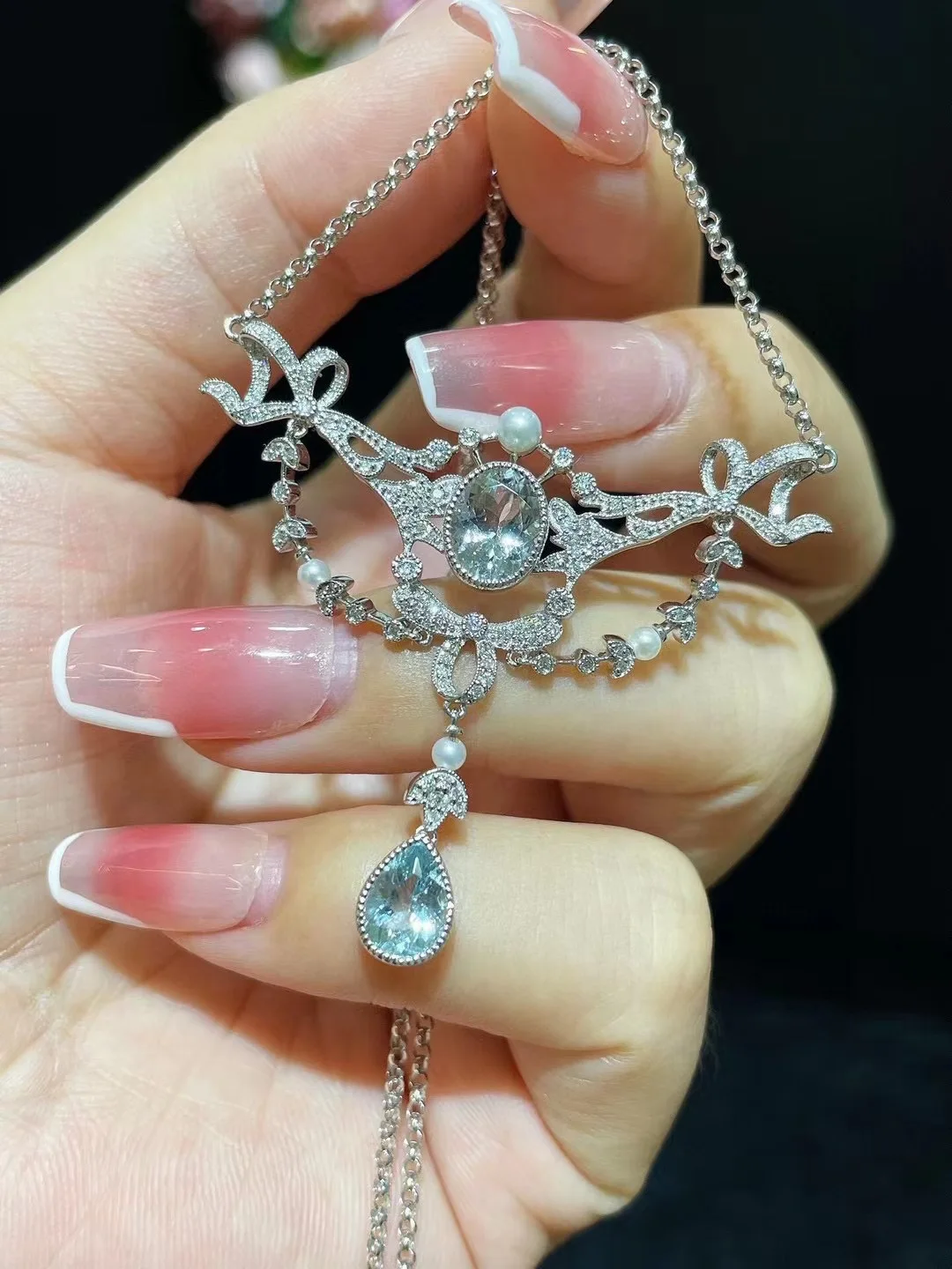 natural aquamarine pendant necklace 18K white gold with real diamond vintage bowknot fine women jewelry free shipping