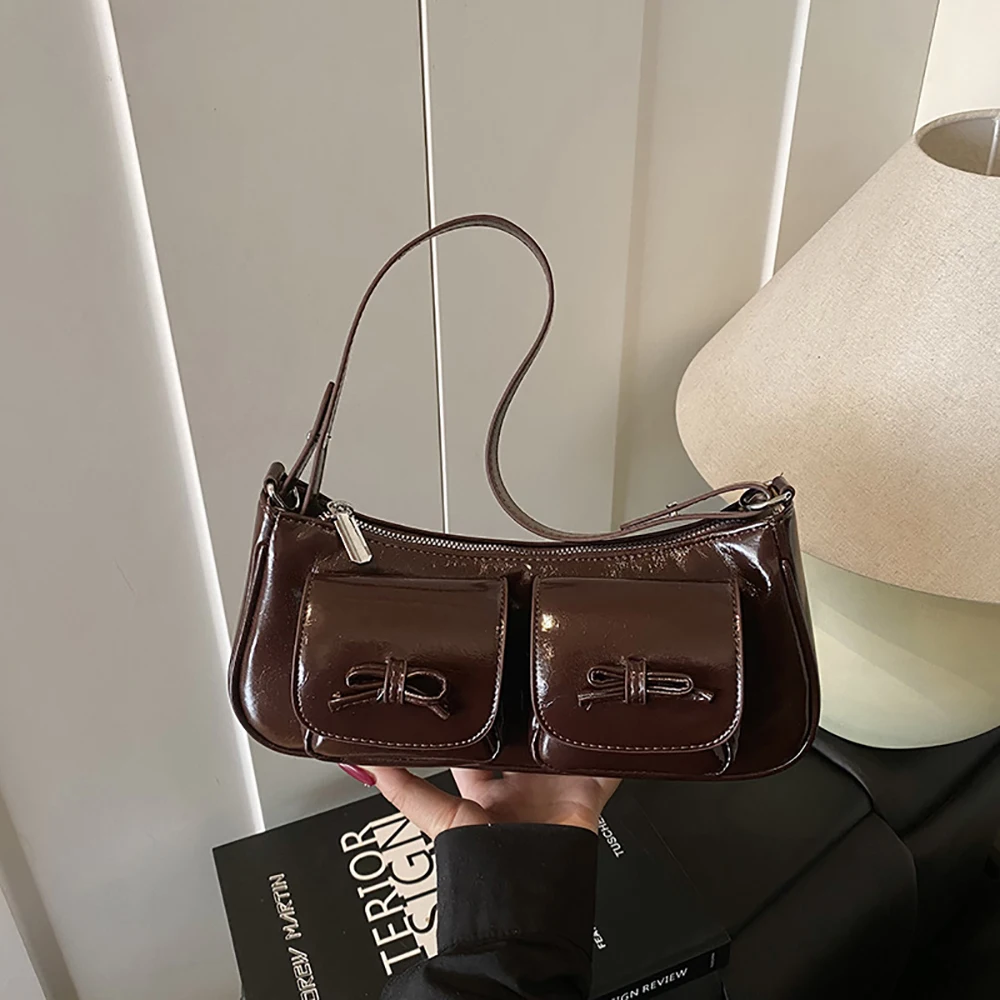 Oil Wax Burgundy Bag for Women Korean Style Trend Glossy Solid Color Zipper One Shoulder Bags Shopping Commute Crossbody Packs