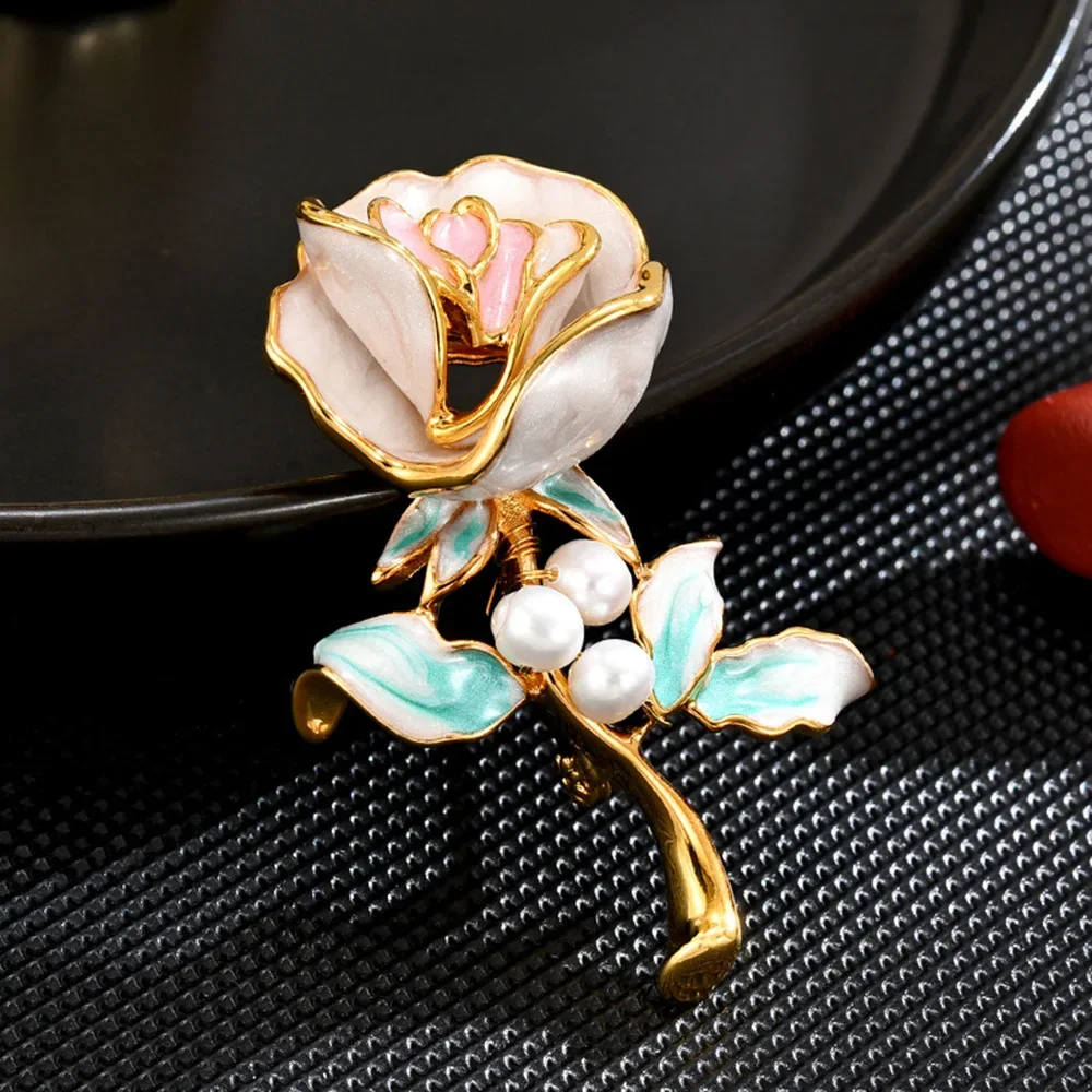 Elegant Brooch Enamel Rose Brooch Pearl Inlaid Corsage Banquet Party Badge Pin Women's Clothing Accessories Jewelry Gifts
