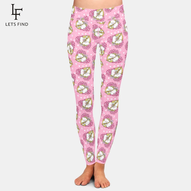 LETSFIND Women Elastic Slim Leggings Valentine's Day Cute Unicorn Falling In Love Print High Waist Fitness Leggings