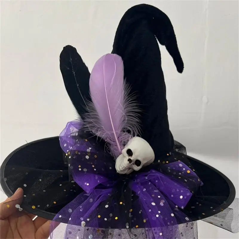 A52E Spooky Witch Hat pour Halloween Party Sequins Skull Accessories Nozard Hat Wizard