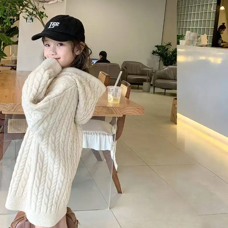 2-12 Years Kids Girls Knitted Dress Autumn and Winter Children's Stylish Hooded Casual Knitted Long Woolen Dress 90-160CM