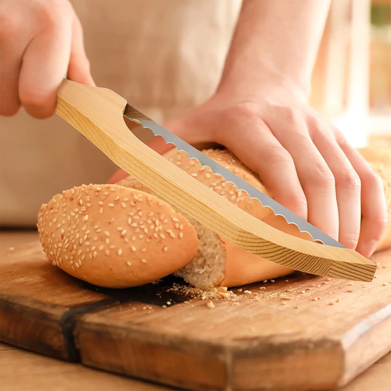 Cuchillo de madera para pan, sierra de 40cm para cortar Baguette con hoja dentada, mango ergonómico para cocina, corte de frutas y pepinos