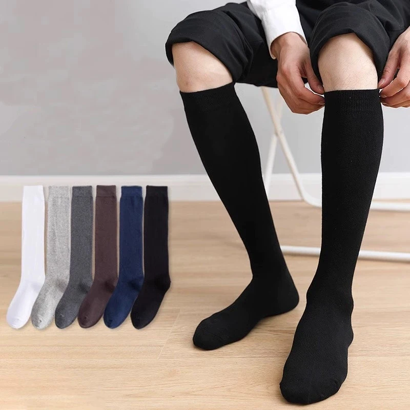 

1/5 Pairs Men's Solid Cotton Long Crew Socks Elastic Business Formal Dress Socks For Gentleman Daily Party