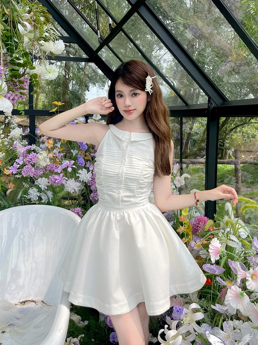 REDDACHiC Revers Turkse Witte Jurk voor Vrouwen Mouwloze Stitch Kant Plooien Shirt Jurk Bruiloft Gast Afstuderen Zomerkleding