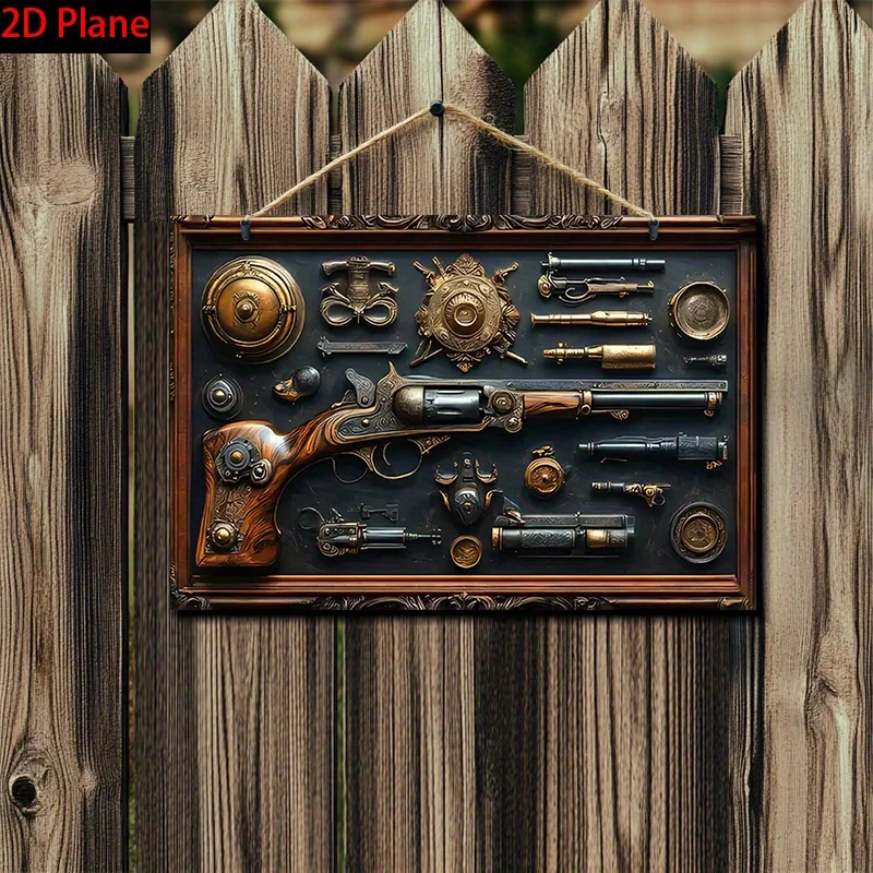 2D Flat, Vintage Firearms & Antique Weapons Wall Art Plaque - Old West Ranch House Decor with Revolver, Cannon, Rifle Designs