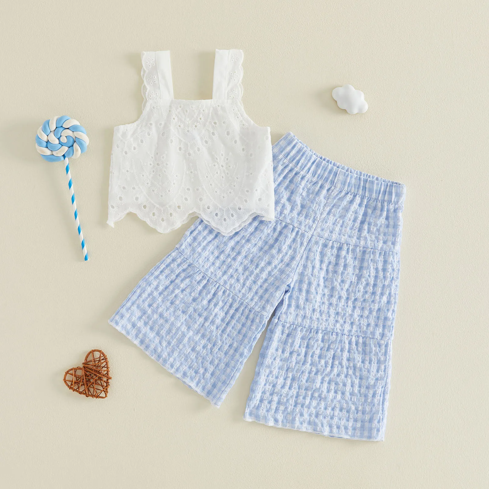 0-4Y Girls Summer Two Piece Pants Set Eyelet Embroidery Lace Tank Tops Elastic Waist Wide Leg Plaid Trousers