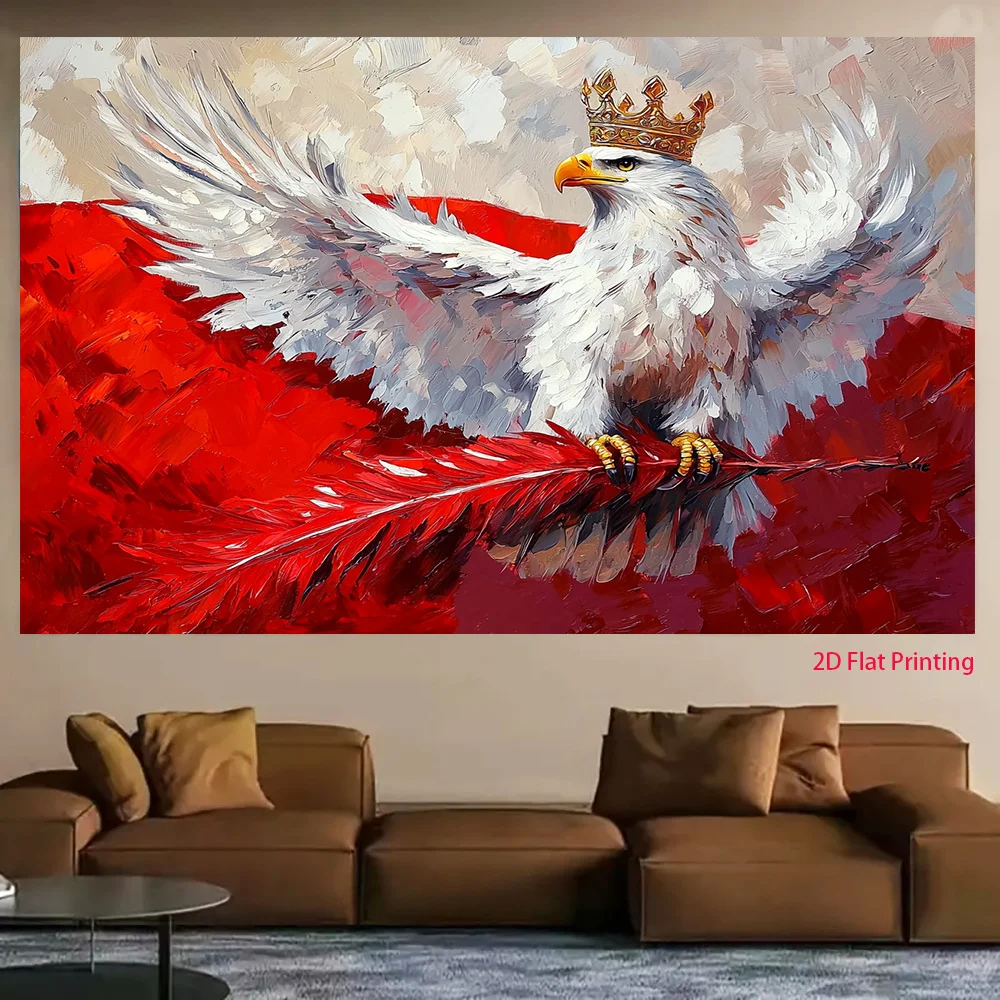 Majestic White Eagle Tapestry - Crowned Eagle on Red Feather, Symbolic Animal Art, Bold Wall Decor, Polyester, Multiple Sizes
