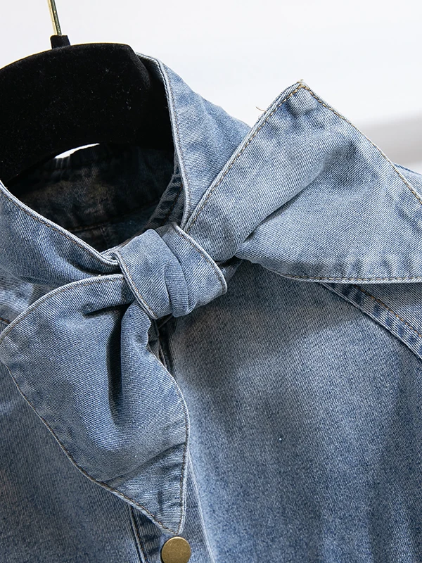 Luźna kurtka jeansowa damska typu lantern, z kołnierzem stójką, dżinsowa odzież wierzchnia, jesienna długa kurtka plus size.