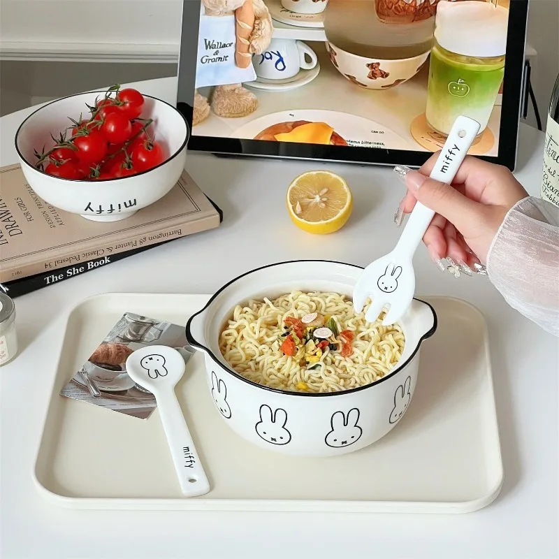 Nuevo Tazón de Fideos Instantáneos Kawaii Miffy con Diseño de Conejito, Calentamiento en Microondas, Fácil de Limpiar y con Tapa, para Niños y Niñas, Ideal como Regalo