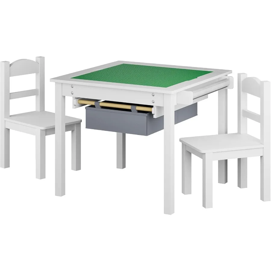 

Treocho Wooden Table and Chair Set with Reversible Tabletop 2 in 1 Toddler Desk with Storage Drawers Activity Table with Blocks