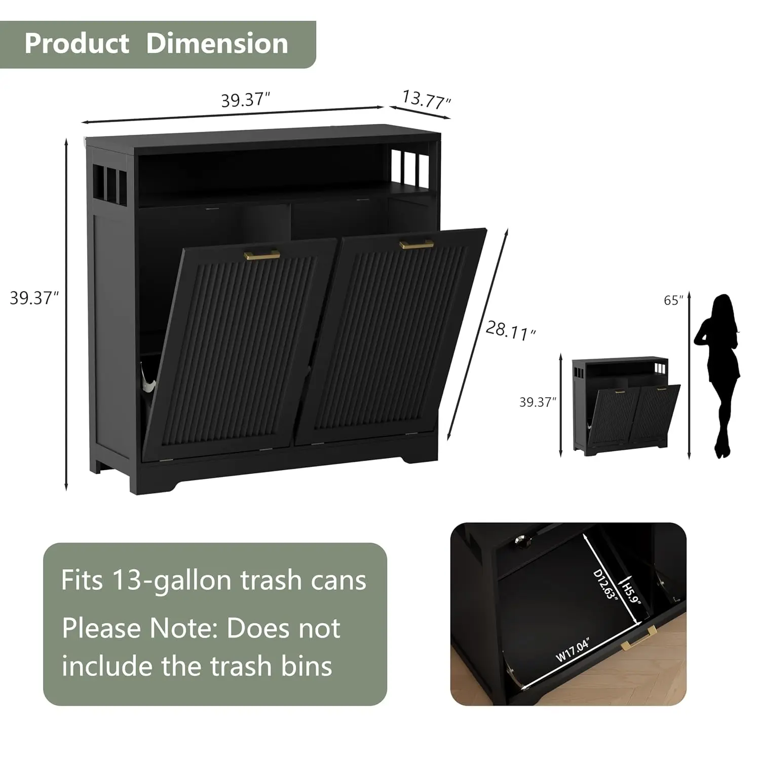 Double Tilt Out Trash Can Cabinet 2 x 13 Gallon Hidden Garbage Recycling Bin Cabinet Pet Proof Free Standing Kitchen Island with Storage Countertop for Dining Room Living Room Black