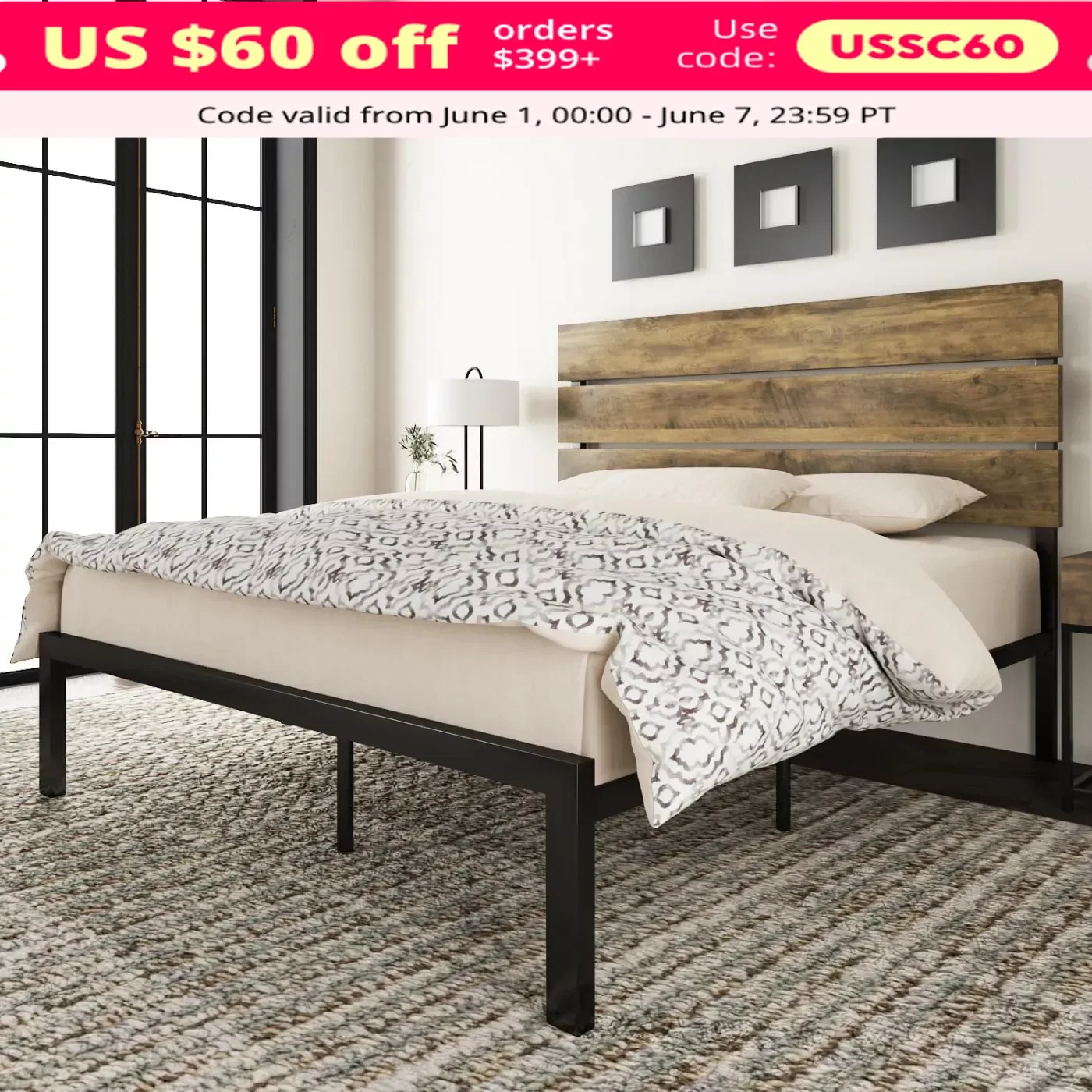 Queen Size Bed Frame, Platform Bed Frame with Wooden Headboard and Metal Slats, Mattress Foundation, Queen Bed Frame