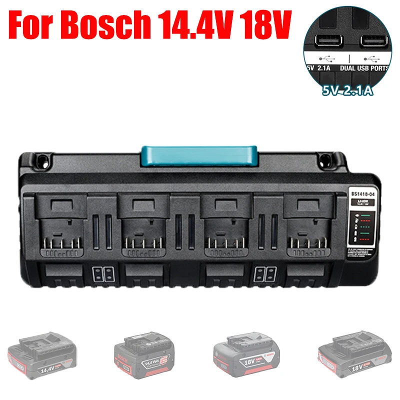 4-port Fast Charger Lithium Battery Charger Supports Mobile Phone Charging for Bosch 14.4–18V Lithium Batteries with USB Port