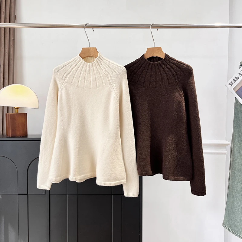 

Свитер-топ в американском стиле с длинными рукавами и воротником-стойкой, с эффектом мягкой шикарной юбки, в скандинавском дизайне, для женщин