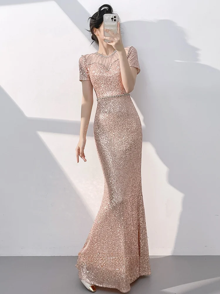 

Ele Rose Gold Evening Gown Women's Faion Par Dr Sequin Skirt Host High Quali Korean Sle mid Waist Long Dr