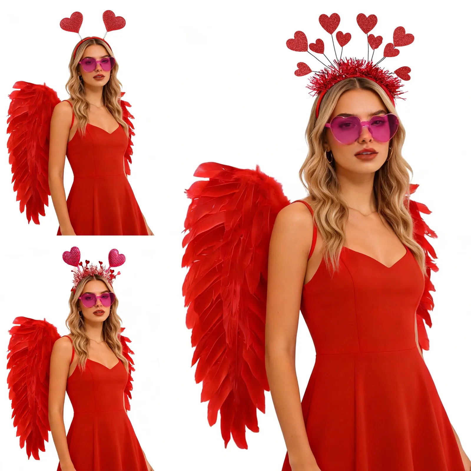 ชุดอุปกรณ์แต่งกายวันวาเลนไทน์ 3 ชิ้น ปีกนางฟ้าขนนก พร้อมที่คาดผม และแว่นกันแดดรูปหัวใจ สำหรับงานวันเกิด