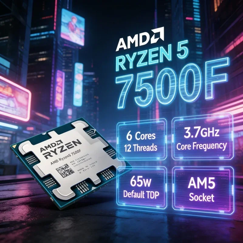 Ryzen5 7500F AMD Desktop Gaming Processor 5NM 3.7GHz Base Clock 6 Core 12 Thread 32MB L3 Cache 65W AM5 DDR5 CPU No Cooler Includ
