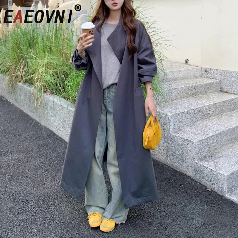 

EAEOVNI темпераментный свободный женский плащ с лацканами и поясом со сборкой на талии, однотонная длинная ветровка, мода 202, осень, новинка
