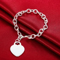925 Sterling Silver 8 Inches Simple Heart Bracelet For Women Men Charm Fashion Wedding Party Jewelry Gift Wholesale