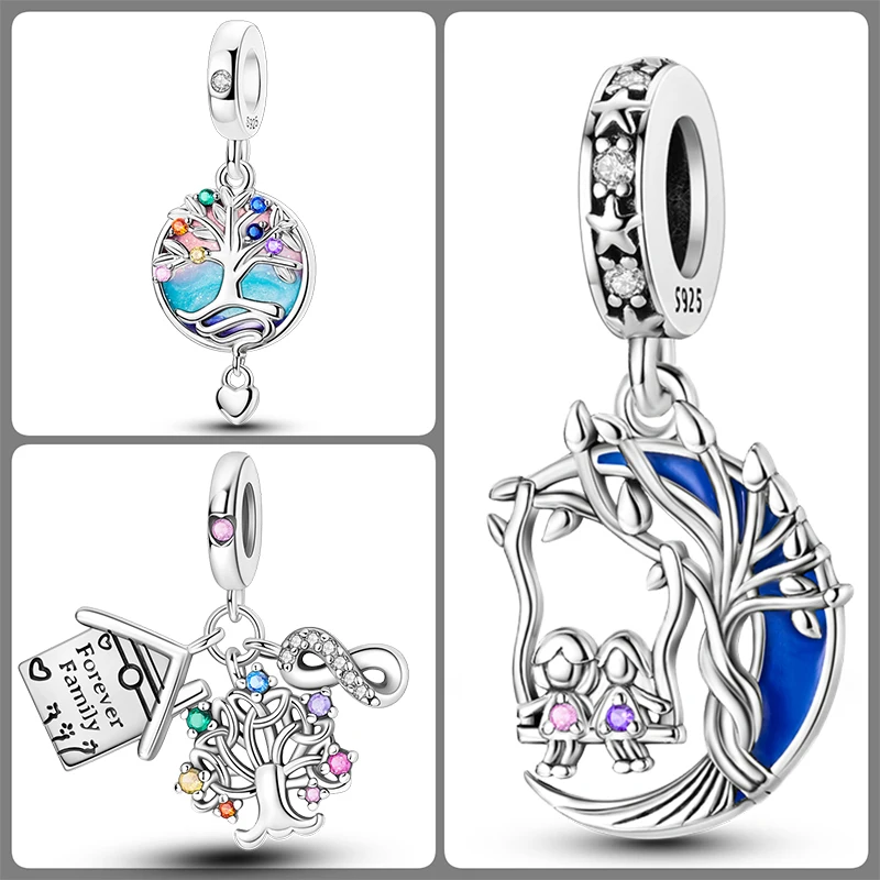 3-teiliges 925 Sterling Silber Lebensbaum-Charm-Set Familienbaum Herz Mond Sonne Schmetterling DIY Original Armband Halskette für Frauen – Detail 11