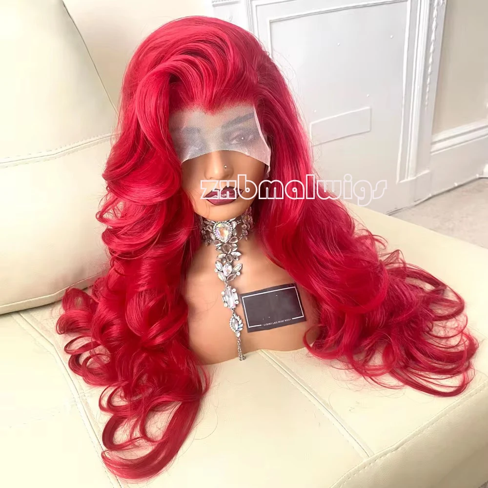 QW Synthetic Hair Lace Front Wig For Women Bright Red Body Wave Preplucked Glueless  Heat Temperature Daily Cosplay