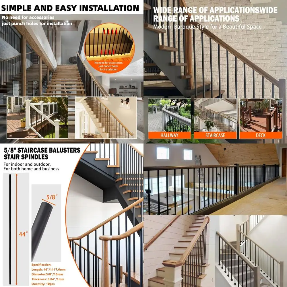 مجموعة من 10 درابزينات معدنية مستديرة مجوفة ومستقيمة للطوابق، درابزين سلالم 5/8، لمسة نهائية من الساتان باللون الأسود