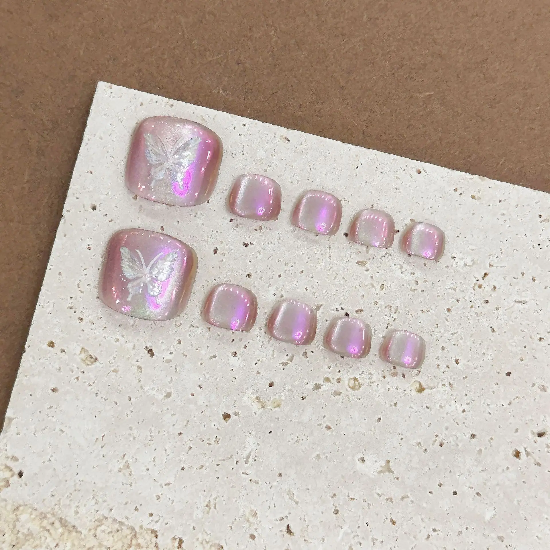 

10pcs Handmade Laser Aurora Fake Foot Nails Press On ToeNails Short Square Full Cover Glitter Butterfly False Y2K Nails Wearable
