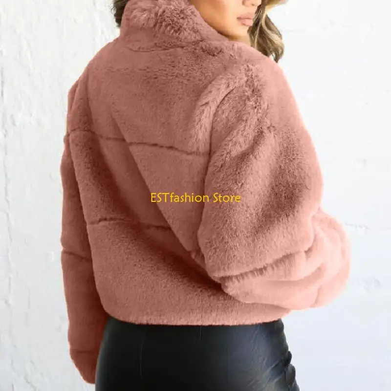 Y5GC Women's Winter Fleece Short with Lapel Collar and Zipper with Side Pockets for Warm Comfort