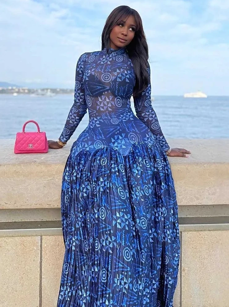 

Прозрачное платье макси с воротником-стойкой и завышенной талией — женское королевское синее платье в стиле стритвир с длинными рукавами и легкими складками