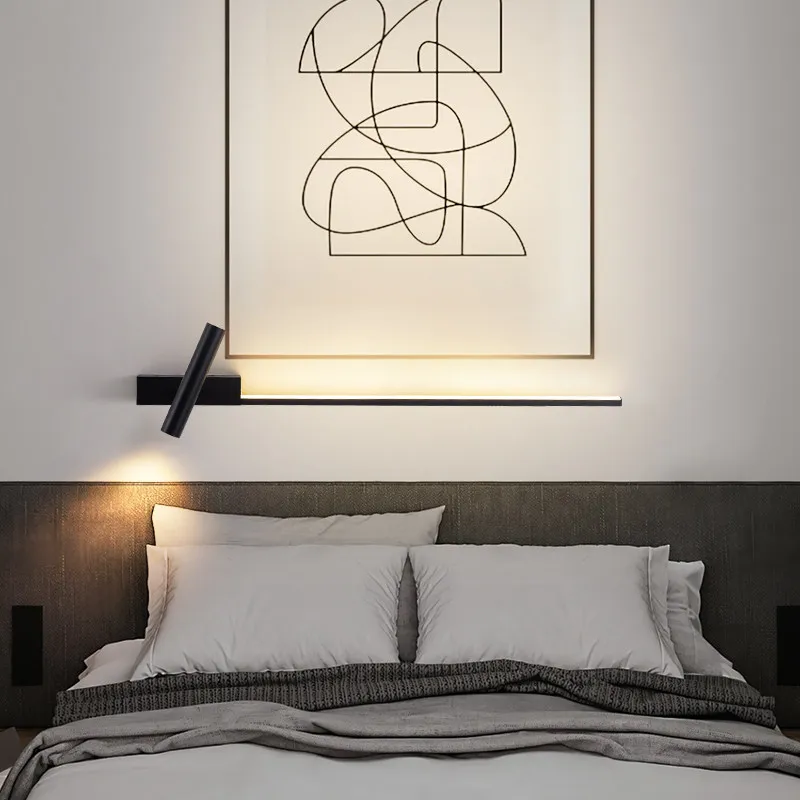 Long Strip LED Wall Lights with Rotatable Spotlight Hardwired Reading Lamp LED Wall Sconce for TV Background Corridor Bedside