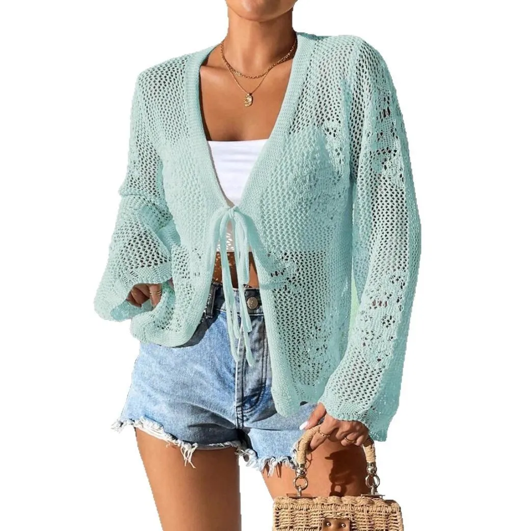 Women's Beach Outfit Cardigan: Casual Hollow Out V Neck Long Sleeve Short Beach Cover Up with 3D Pattern Button and Lace Up Tie