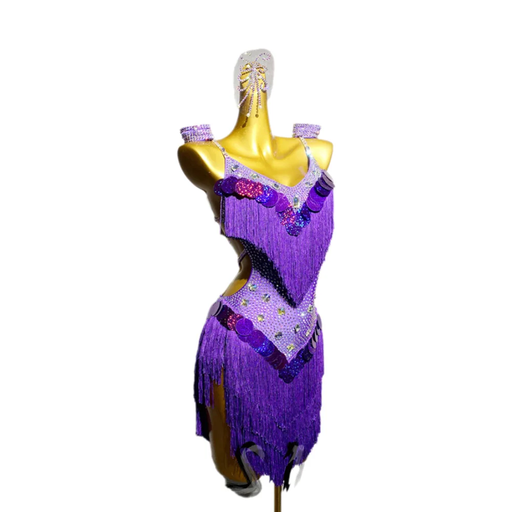 Vestido de baile latino AB Stone para mujer, adulto, niños, de gama alta, personalizado, lentejuelas moradas, correa de borla, negro, piscina, Samba, actuación