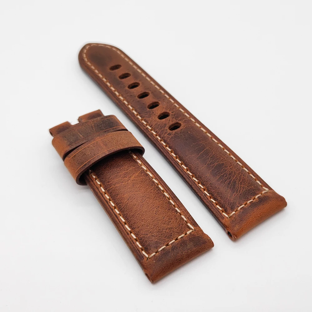 

24mm - 22mm 120mm - 75mm Brown Red Waxy Crack Calf Leather Strap for PAM RADIOMIR LUMINOR Watch