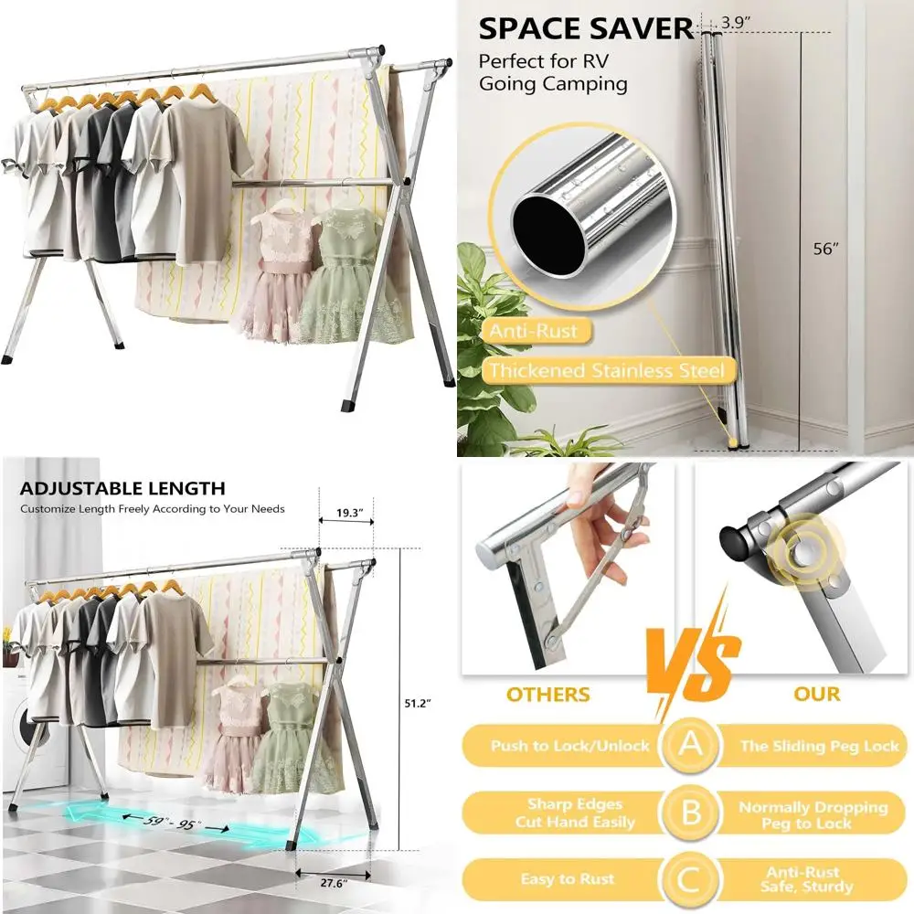 Heavy-Duty Stainless Steel Laundry Drying Rack, 95 Inches Foldable Indoor/Outdoor Portable Clothes Drying Rack for Home Use