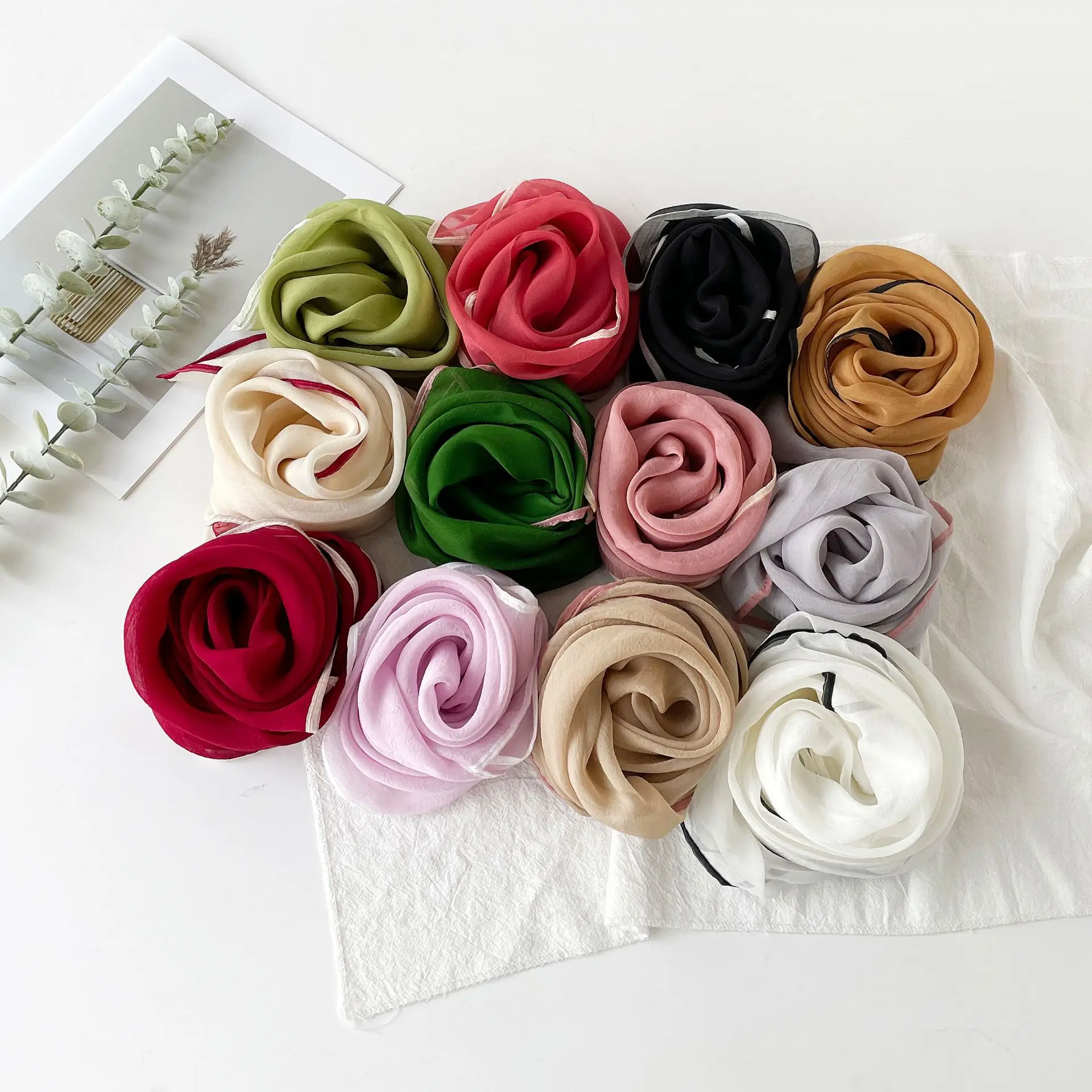 Lace-Patterned Chiffon Scarf - Faux Silk Women's Scarf Minimalist Solid-Color Lightweight Square Scarf