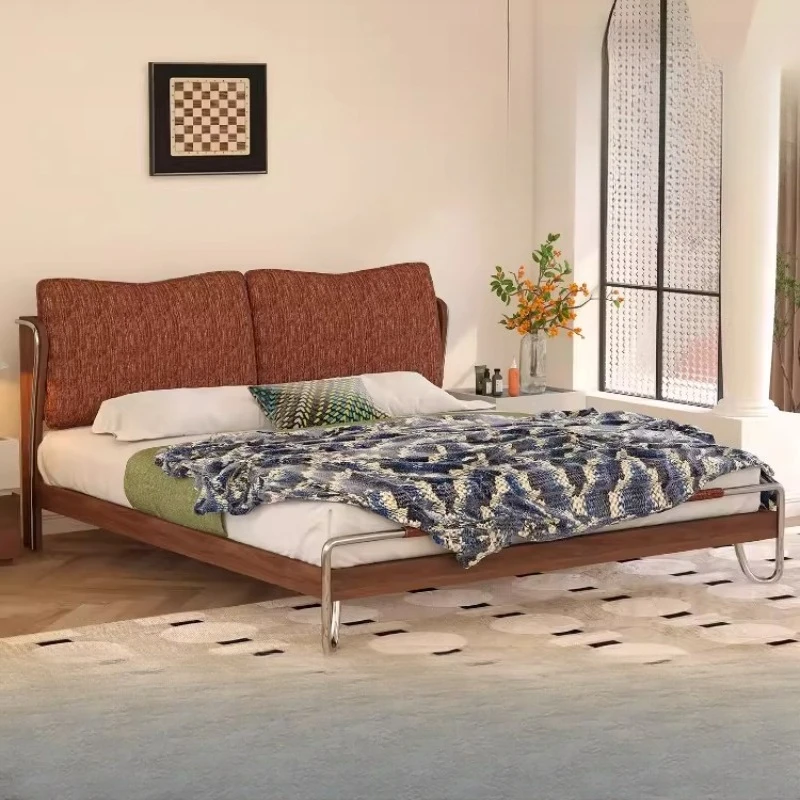 French retro solid wood flow shadow bed simple bedroom antique double soft bag fabric bed