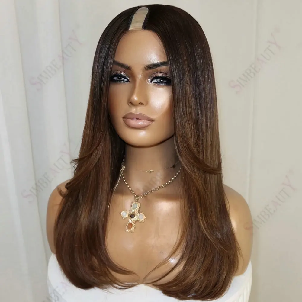 Schwarze Damen-Seidenperücken, glatt, 100 % Echthaar, V-Teil-Perücken, Ombre, Chestnut Brown, einfache Anbringung, kleberlos, 1x4 Größe, U-Teil-Perücken, verstellbar – Detail 1