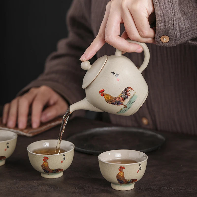 200ml Chinese Antique Pottery Ceramic Teapots Hand Painted Cock Tea Pot Household Kettle Travel Portable Tea Set Accessories