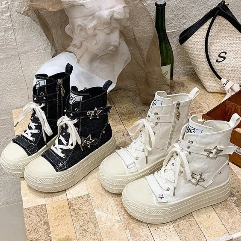 Zapatillas de lona con tacón de cuña de 8 cm para mujer, nueva moda primavera-otoño 2026, calzado casual con suela gruesa y ventilada.