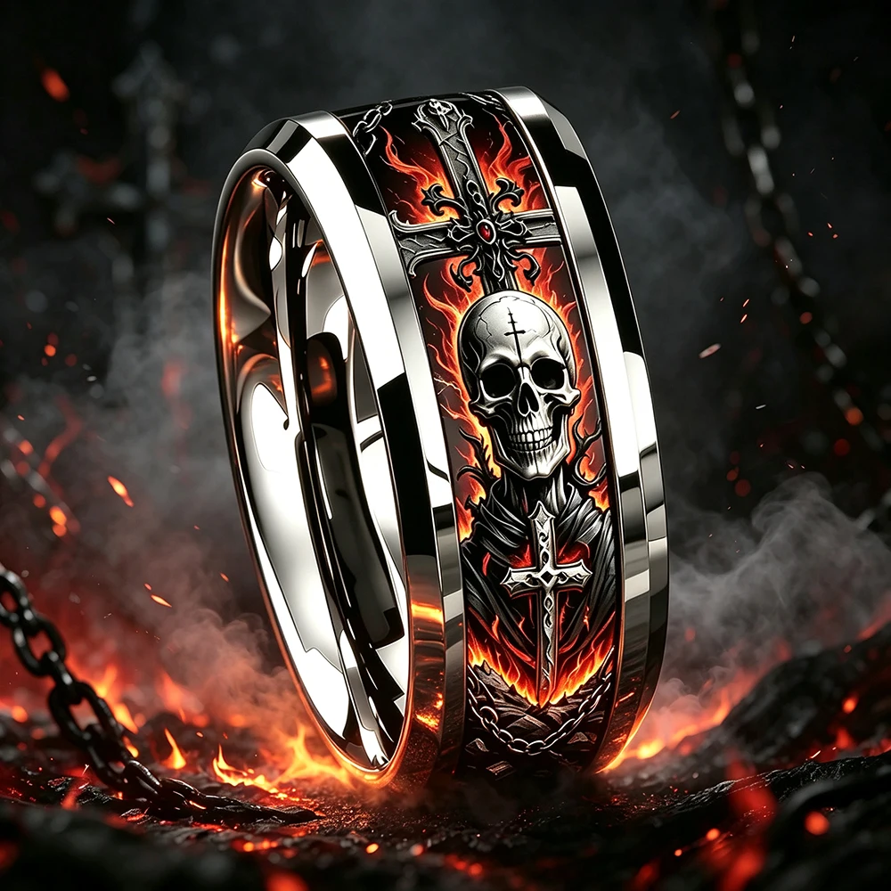 Gothic Punk Flame Skull Cross Ring, Cool Men Stainless Steel Skull Rings, No Fade Rock Biker Halloween Jewelry Gift Wholesale