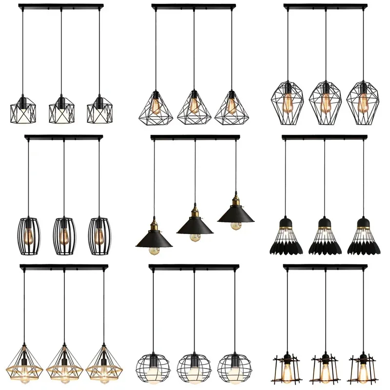 

Modern Chandelier Iron Black E27 Metal Cage Pendant Lamp Living Room Restaurant Shop Bar Decor 3 Lights Vintage Pendant Light