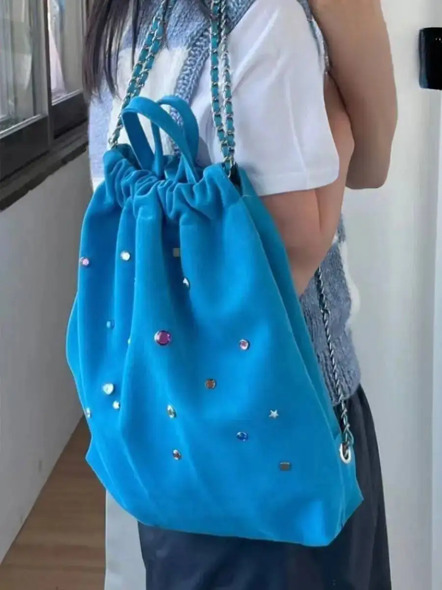 Bloom Vintage Drawstring Backpack Women Hot Girls Beading Chic Casual Backpacks Ladies Haruku Schoolbag Y2k