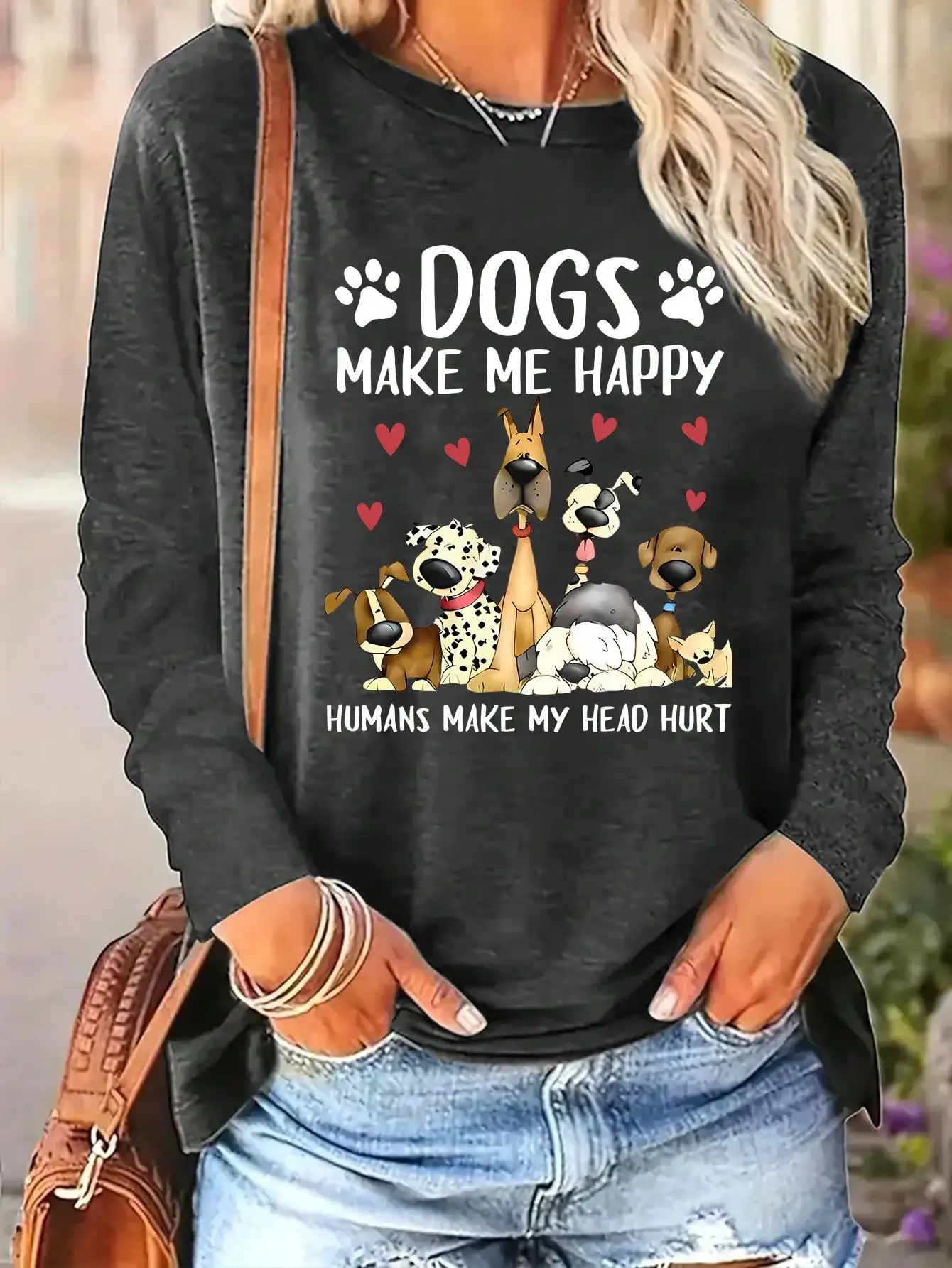 2026 Damen Frühling und Sommer Lässiges Slogan-Hunde-Print Rundhals Einfarbiges Langarm-Pullover T-Shirt – Detail 10