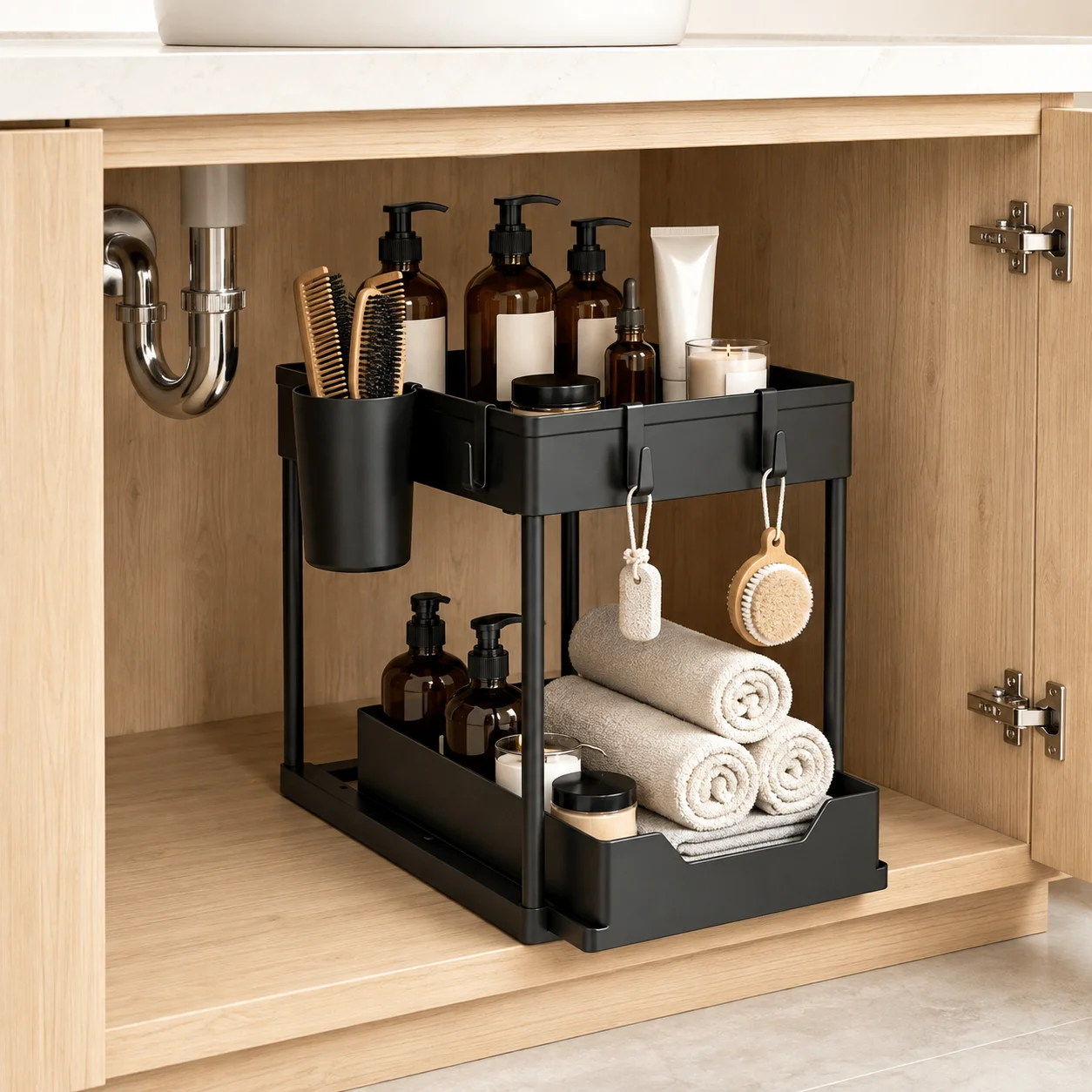 Under Sink Organizer 2 Pack/1 Pack, Bathroom Cabinet Organizer, 2 Tier Sliding Cabinet Basket Organizer Drawer, Multi-Purpose Bath Collection Baskets for Bathroom (Black)