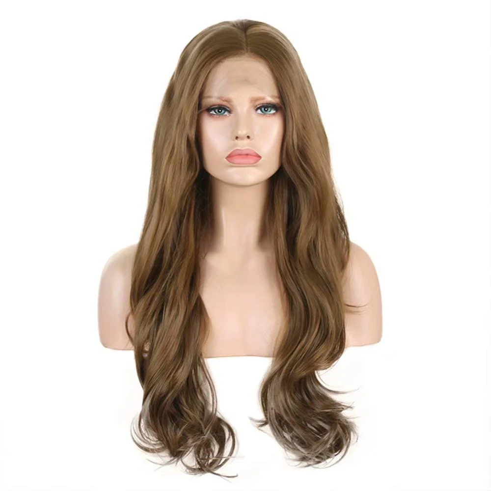 Peluca ondulada marrón, pelucas de encaje sintético 13x4 para mujer, peluca larga ondulada Natural, pelo de encaje rizado profundo, resistente al calor, Frontal listo para usar