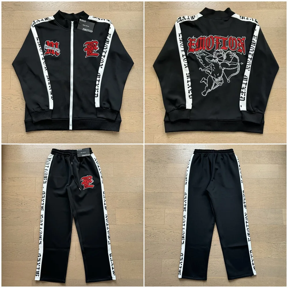 

Mixed Emotion Embroidered Letter Logo Color Block Casual Straight Leg Pants Set Long Sleeve Jacket High Street Style Spring Wear