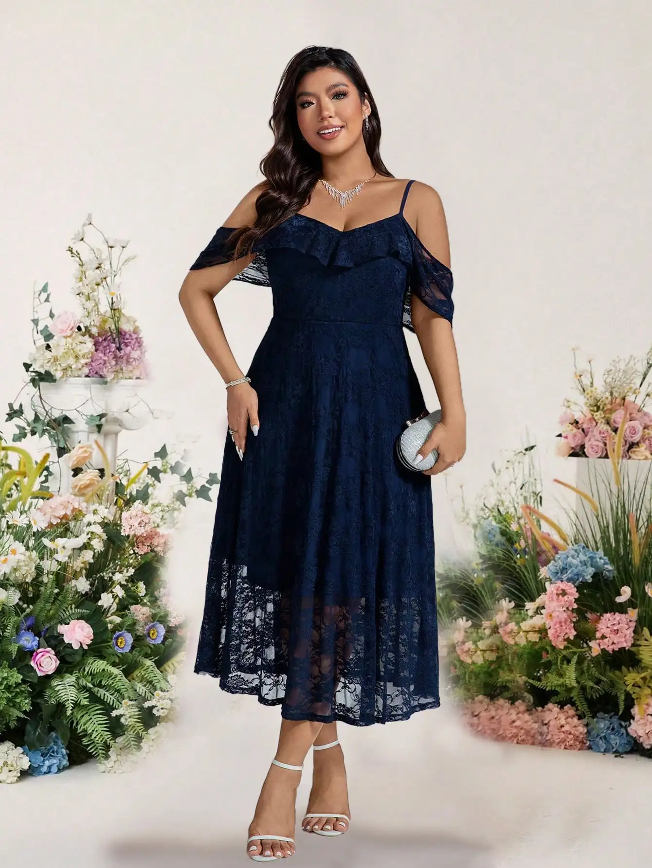 

Элегантное кружевное платье миди с открытыми плечами для женщин, для официальных мероприятий и вечеринок