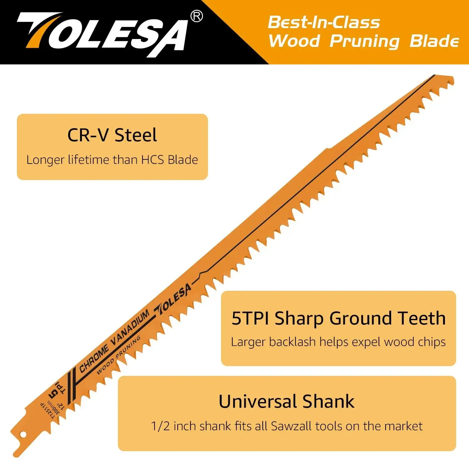 TOLESA 5PCS Wood Pruning Reciprocating Saw Blades 5 TPI Sawzall Blades Green Wood Construction Wood Cutting PVC Pipe Cutting CRV